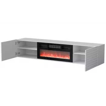 Mueble TV Cama Meble TULA con chimenea eléctrica, 1830×350×370 mm, superficie y marco blancos mate