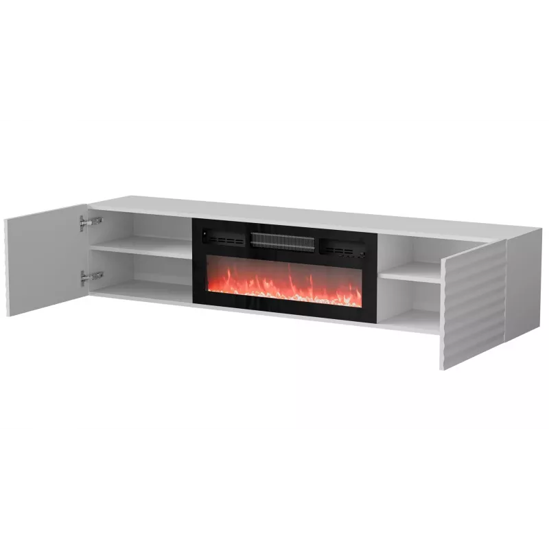 Mueble TV Cama Meble TULA con chimenea eléctrica, 1830×350×370 mm, superficie y marco blancos mate