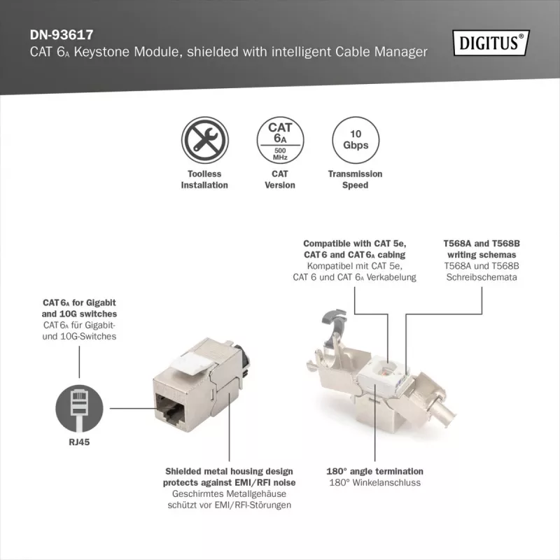 Módulo Keystone Digitus CAT 6A, apantallado, con gestor de cables inteligente