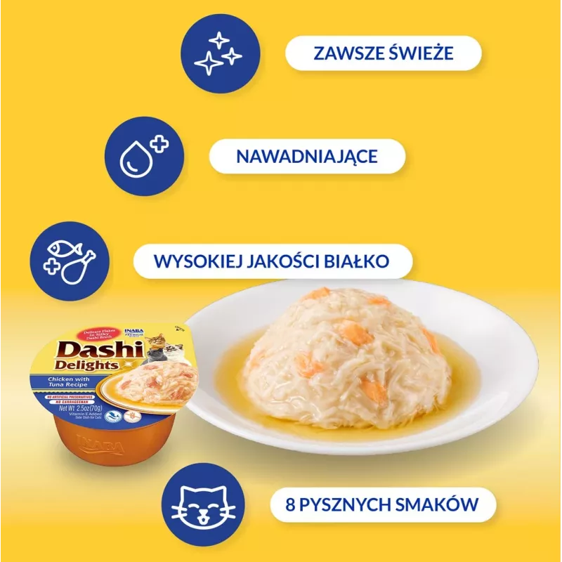 Snack para gatos INABA Dashi Delights Caldo de pollo y atún, 70 g bolsa, sin cereales, sin gluten, sin soja