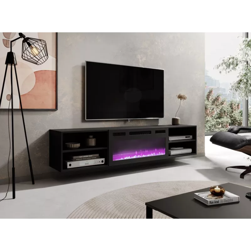 Mueble TV Cama Meble POLO 180x33x39 cm con chimenea eléctrica 1400–1600 W, negro, 2 baldas, laminado