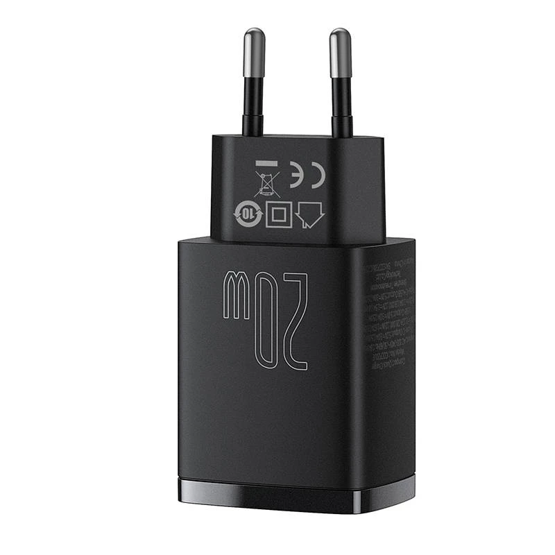 Cargador rápido USB de interior Baseus CCXJ-B01 – 2 puertos (USB-C PD 20W + USB-A QC3.0 18W), 100–240 V, negro
