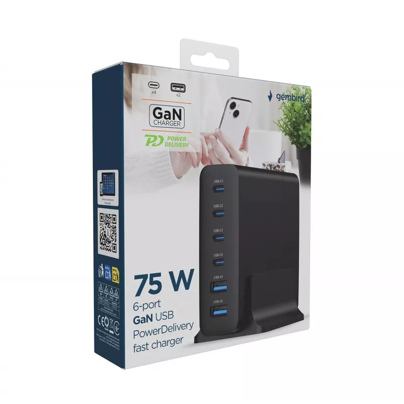 GEMBIRD Cargador para dispositivos móviles TA-UC-2A4C-PD75-01-BK — 75 W, 4× USB-C + 2× USB-A, PD y QC3.0, 6 dispositivos a la vez, cable de 1,5 m, negro