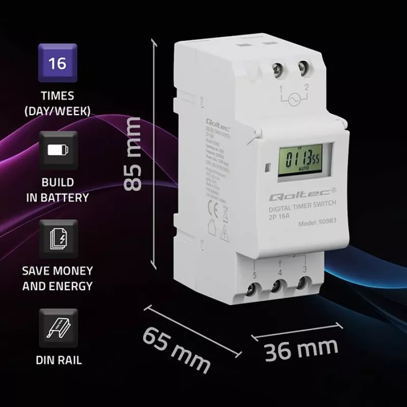 Temporizador electrónico para carril DIN QOLTEC 50983, a pilas, para circuitos de automatización