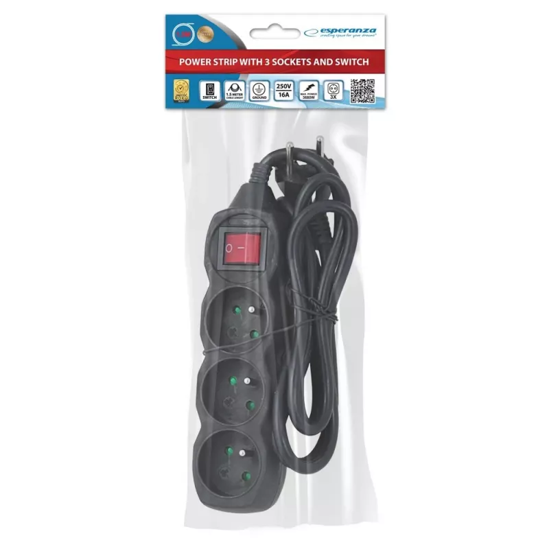Alargador ESPERANZA ELK210K — cable 1,5 m, 3 tomas de corriente tipo E, conector en ángulo, interior, negro