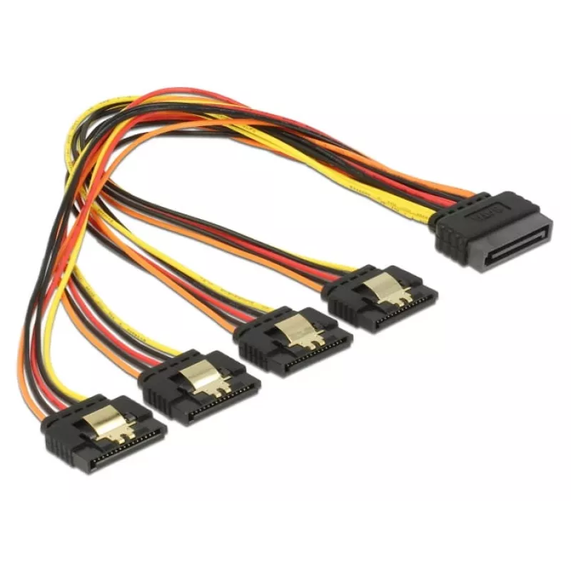 Delock 60157 cable alargador de alimentación SATA, SATA 15 pines (M) con enganche a 4x SATA 15 pines (H), 0,3 m, negro/amarillo/rojo/naranja