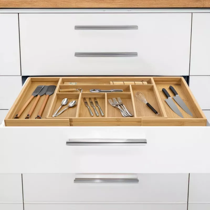 Organizador de cajón de cubiertos GreenBlue GB379, bandeja de bambú con compartimentos, acabado natural