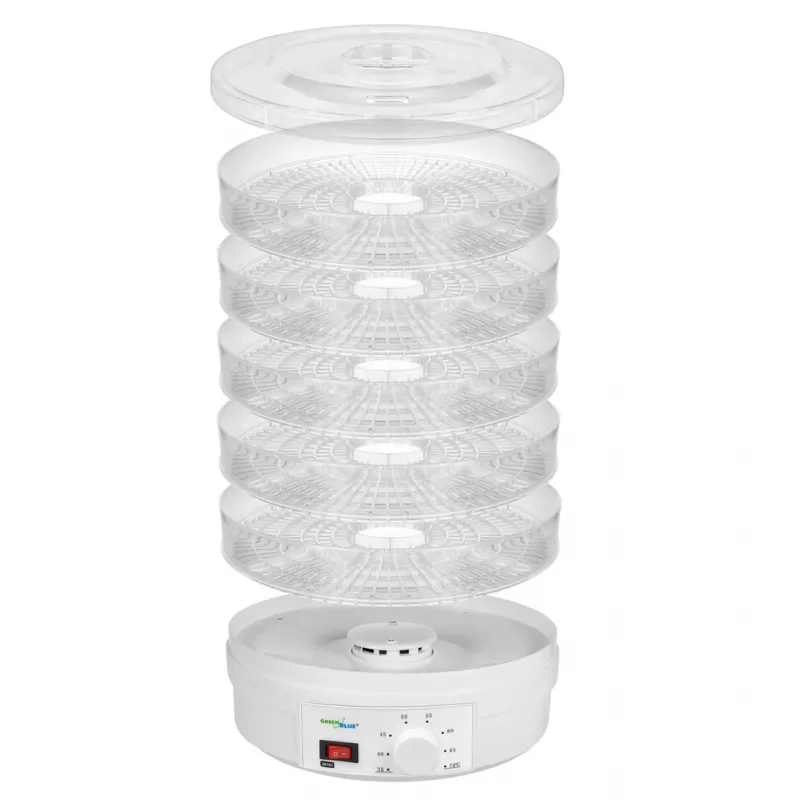 GreenBlue GB190 deshidratador de alimentos para setas, verduras y frutas, 5 bandejas, 250 W, temperatura ajustable 35–70 °C, blanco