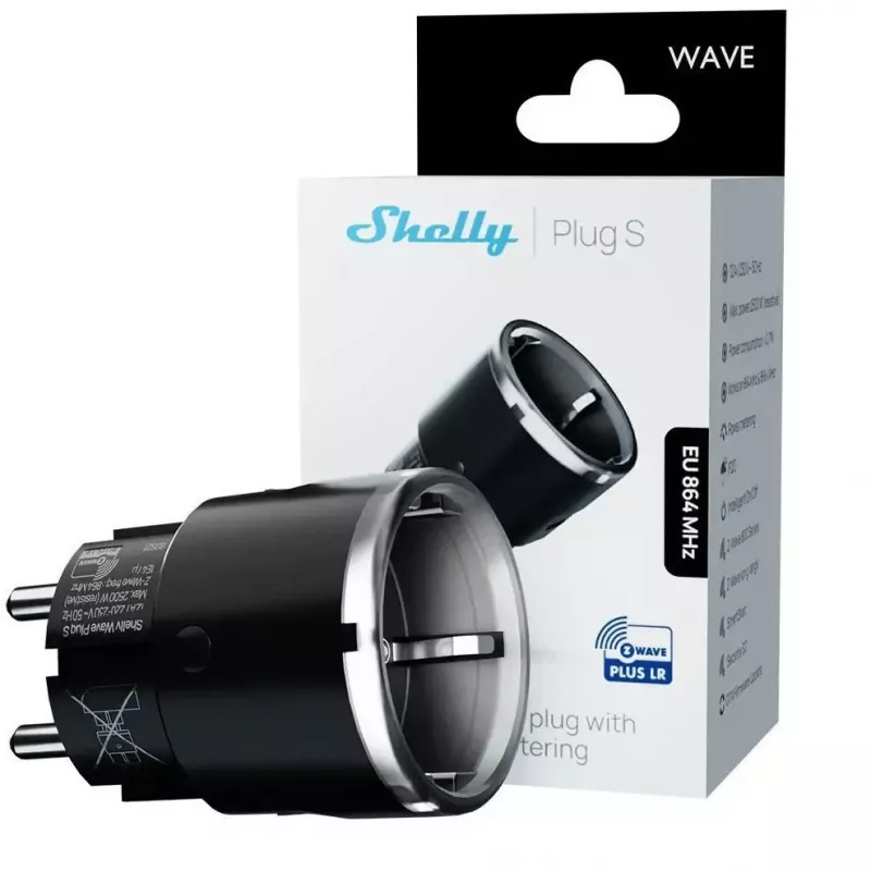 Enchufe inteligente Shelly Wave Plug S Z-Wave 800 negro — enchufe inteligente Z-Wave 800, 230 V/12 A, 2500 W, medición de potencia