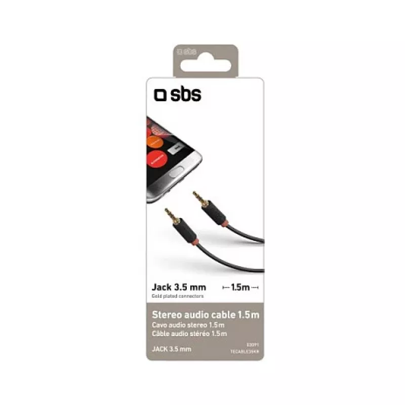 SBS TECABLE35KR - cable de audio - mini-phone estéreo 3,5 mm macho a mini-phone estéreo 3,5 mm macho - 1,5 m - negro (TECABLE35KR)