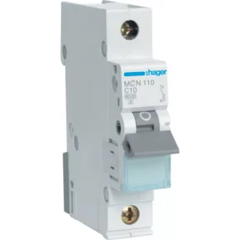 Hager MCN110. Número de polos: 1P. Frecuencia de entrada CA: 50/60 Hz, corriente nominal de salida: 10 A. Ancho: 17,5 mm, profundidad: 70 mm, altura: 83 mm (MCN110)