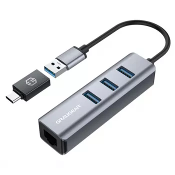 Hub USB GRAUGEAR G-HUB31L-A — host USB 3.2 Gen 1 Type-A, 3 puertos USB 3.2 Gen 1 Type-A + RJ-45, 5000 Mbit/s