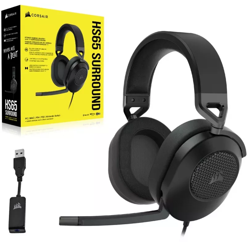 Auriculares CORSAIR HS65 SURROUND auriculares gaming con cable, circumaurales, 3,5 mm + adaptador USB, 32 Ω, 282 g, carbono