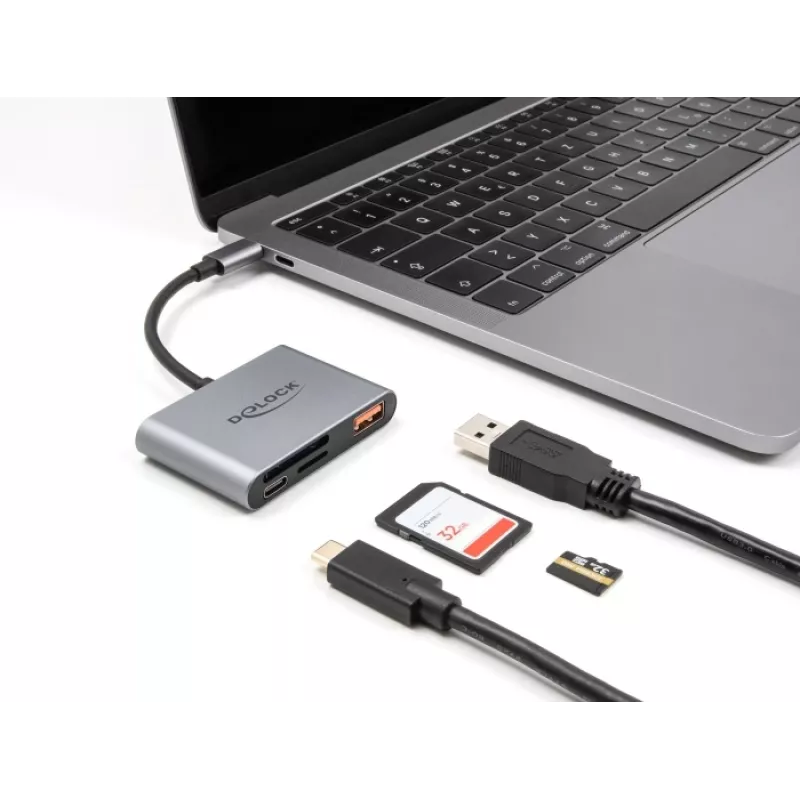 Lector de tarjetas USB-C Delock 91016 para tarjetas SD y microSD con puerto USB-A y USB-C PD