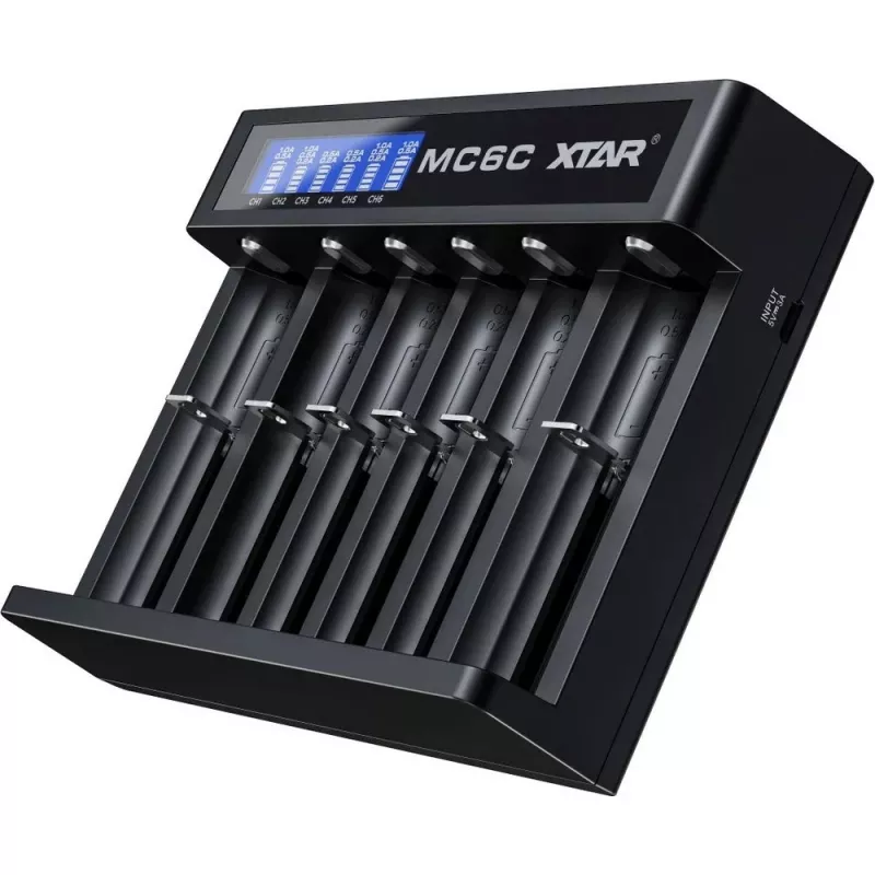 XTAR MC6C cargador multislot inteligente para celdas cilíndricas de Li-Ion, 6 ranuras, compatible con 18650/21700/AA, entrada 5V, negro