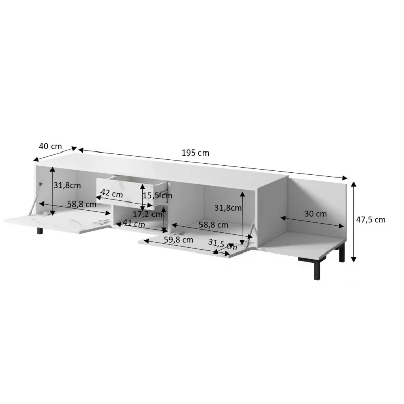 Mueble de TV Cama Meble MARMO 2D1S1K, 195x40x47,5 cm, blanco mate/superficie superior blanco mármol