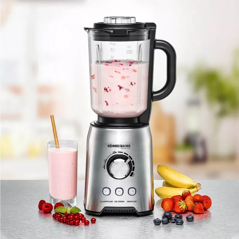 Batidora de mesa Rommelsbacher MX 1250 — 1200 W, 1,75 l jarra de cristal, Acero inoxidable