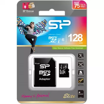 Tarjeta de memoria MicroSDXC Silicon Power 128 GB UHS‑I (Class 10, U1), 85 MB/s, negra, con adaptador SD