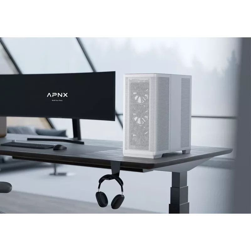 APNX Caja de PC Semitorre C1-R-WT-v1 — Blanca, compatible con ATX/Micro-ATX/Mini-ITX, 3 ventiladores frontales de 120 mm preinstalados, 3 bahías de 3,5 pulgadas + 3 de 2,5 pulgadas, USB 3.2 Gen1 x2