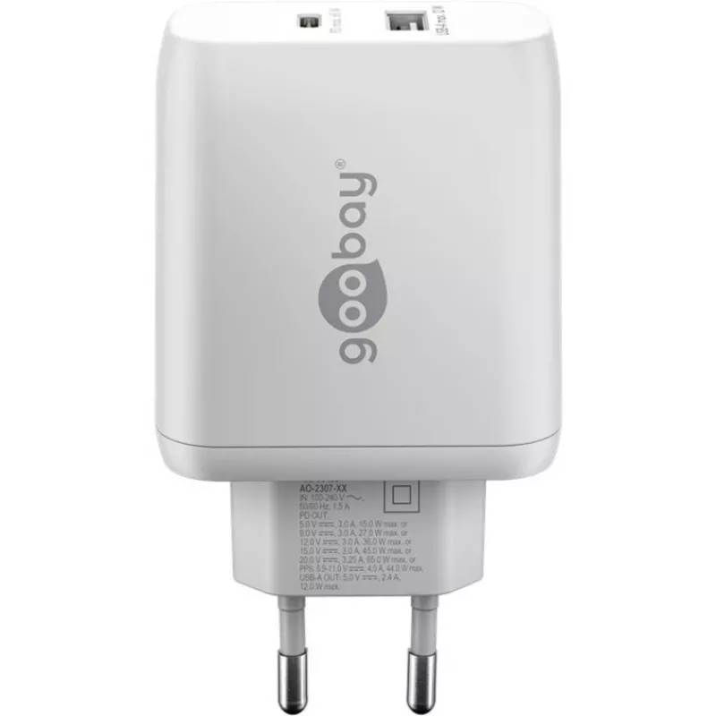 Cargador rápido dual USB-C, PD, GaN, 65 vatios (blanco, 1x USB-C, 1x USB-A, Power Delivery)
