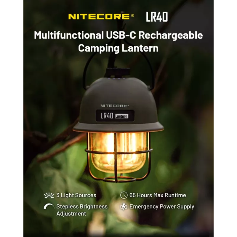 Linterna de camping alimentada por USB Nitecore LR40 100 lm verde oliva