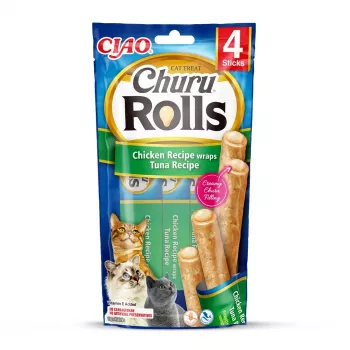 INABA Churu Rolls receta de pollo envuelto en receta de atún - Snack para gatos - 4x10 g