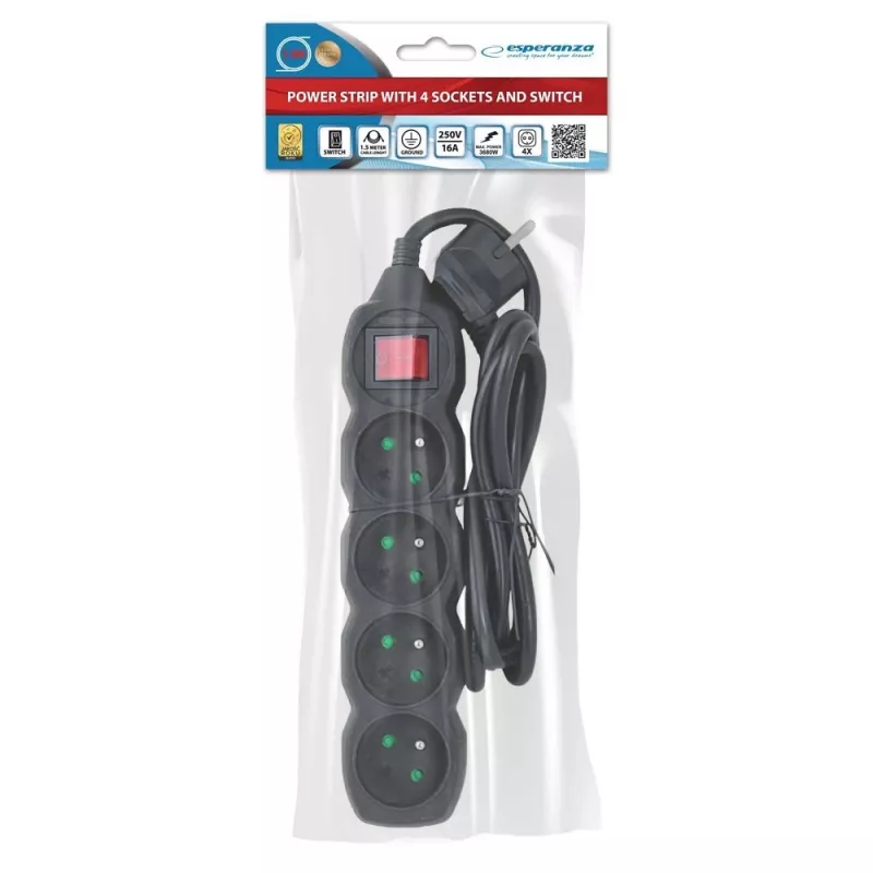 Alargador ESPERANZA ELK212K — cable de 1,5 m, 4 tomas tipo E, interior, negro