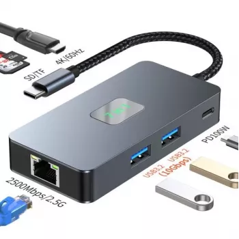 Adaptador hub TB USB-C (7 en 1) HDMI USB SD/TF RJ45 (2500 Mbit/s) PD
