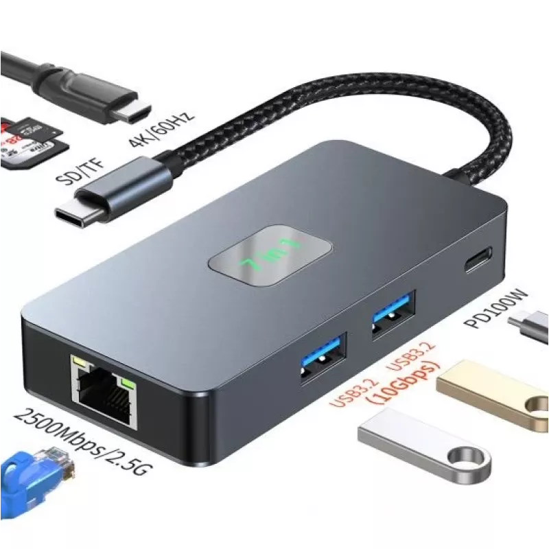 Adaptador hub TB USB-C (7 en 1) HDMI USB SD/TF RJ45 (2500 Mbit/s) PD