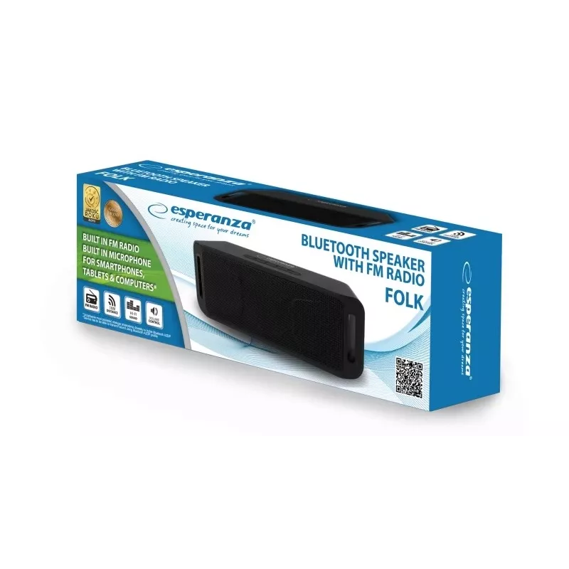Altavoz portátil estéreo ESPERANZA FOLK negro — 6 W RMS, Bluetooth, MicroSD, batería LiPo