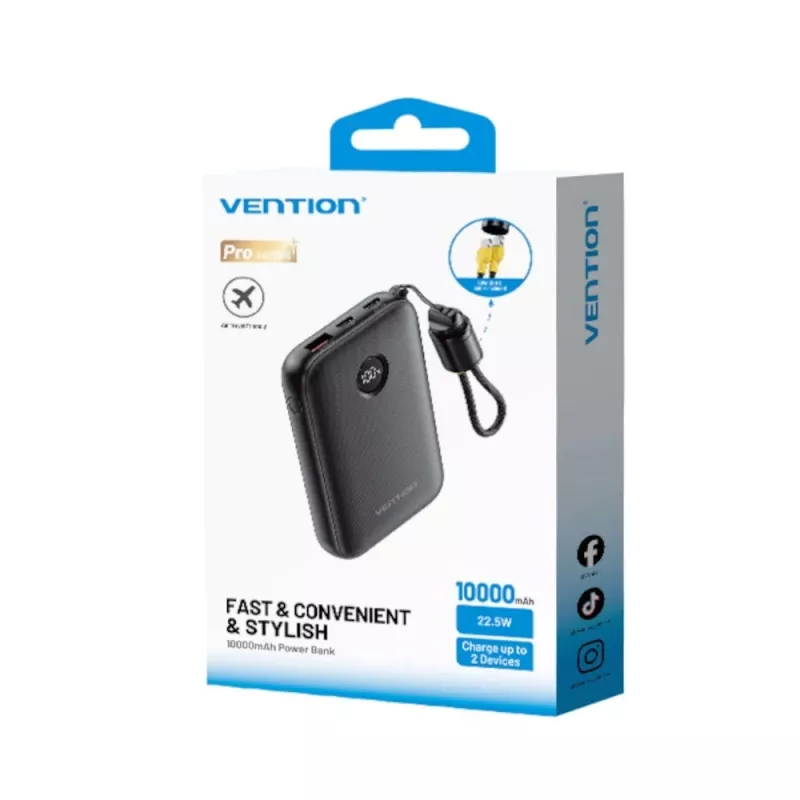 Powerbank Vention FKAB0-C 10000 mAh, 2× USB-C + 1× USB-A, 22,5 W, negro