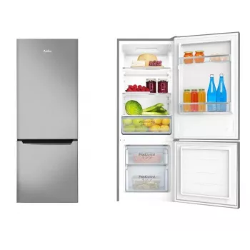 Frigorífico-congelador independiente AMICA KGCL 384 160 E, total 205 L, frigorífico 153 L, congelador 52 L, congelador abajo, acero inoxidable
