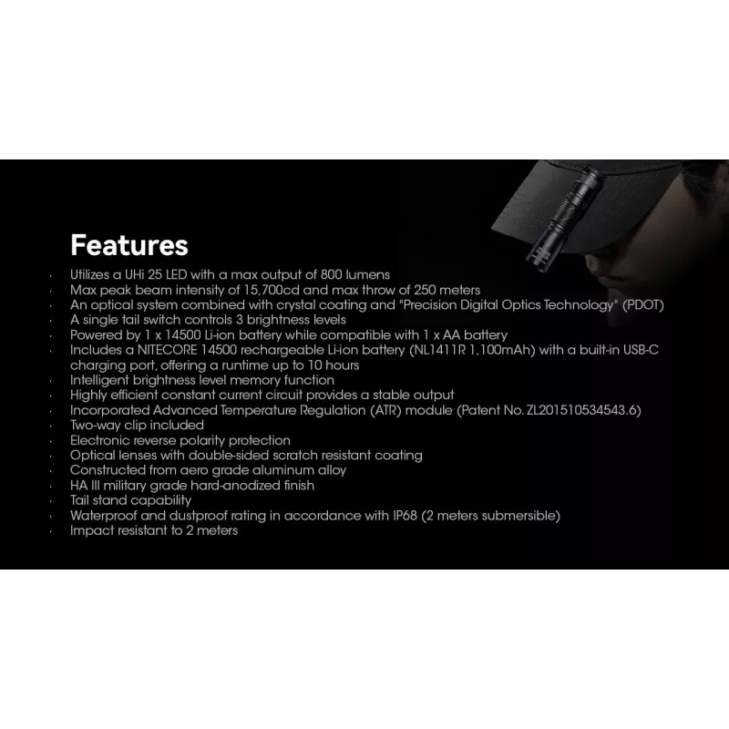 Linterna de mano Nitecore MT1A Pro — LED 50 lm, recargable por USB, 1100 mAh, aluminio, impermeable, resistente a impactos, negra