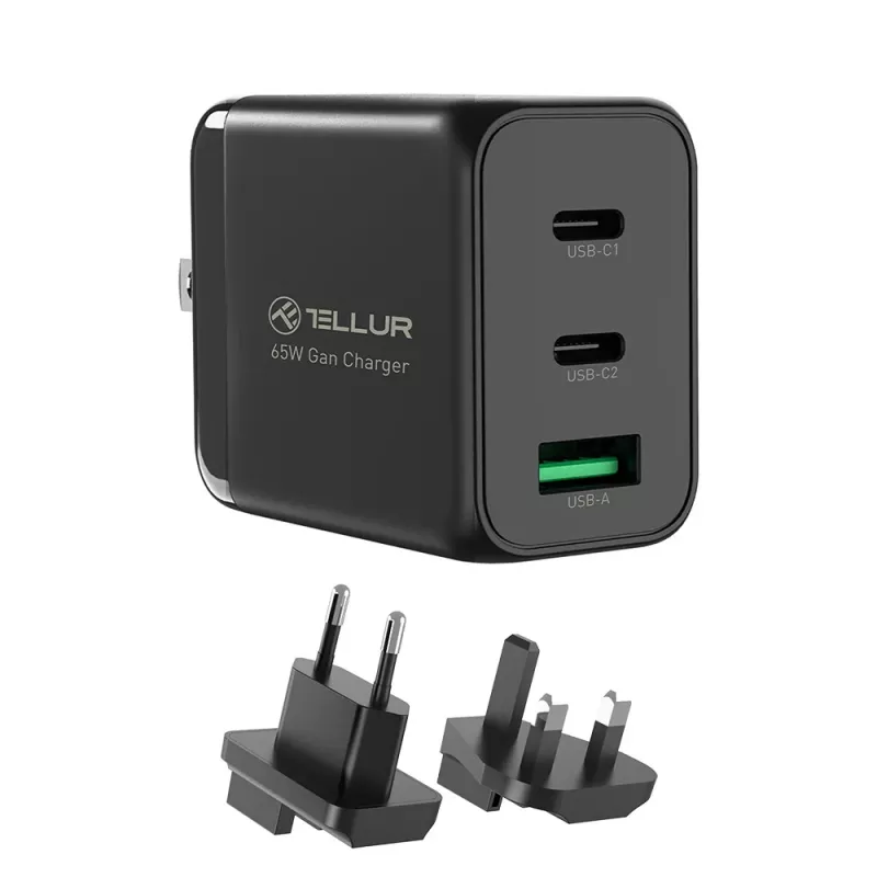 Cargador de pared Tellur TLL151451 65W, 3 puertos (2x USB-C, 1x USB-A)