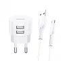 Cargador usams XTXLOGT18TC05 con 2 conectores USB y cable USB‑C integrado, salida 2,1A