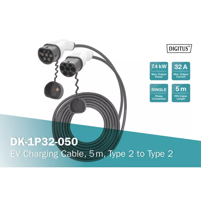 Cable de carga para VE Digitus 5 m Type 2 a Type 2 32 A 240 V