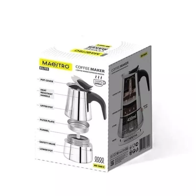 Cafetera moka Maestro MR-1660-9, cafetera de fogón para 6 tazas, negra