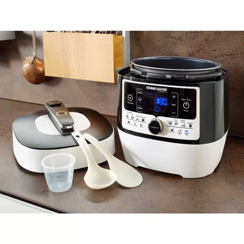 Olla a presión eléctrica Rommelsbacher MD 1000 – 4 l, 1000 W, 14 programas, blanco/negro