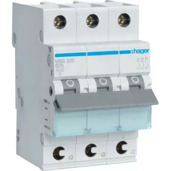 Hager MBS325. Corriente nominal: 25 A, frecuencia de entrada: 50/60 Hz. Tipo: tipo B, número de módulos (máx.): 3 módulos. Ancho: 52,5 mm, profundidad: 70 mm, altura: 83,4 mm (MBS325)