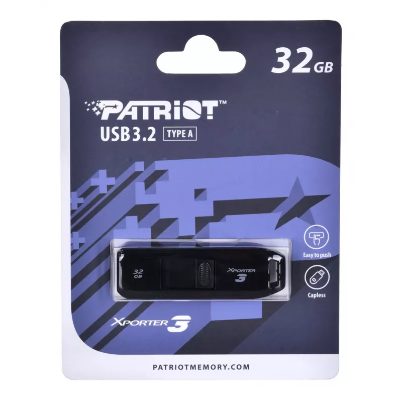 Memoria USB PATRIOT Xporter 32 GB USB Type-A 3.2 Gen 1, velocidad de lectura 80 MB/s, diseño deslizante, negro