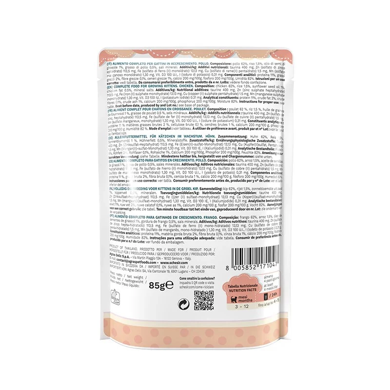SCHESIR filetes de pollo en gelatina - Comida húmeda para gatitos - 85 g