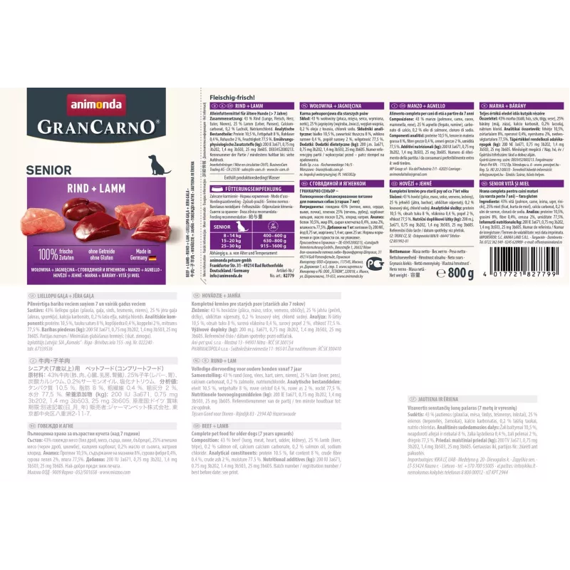 ANIMONDA GranCarno Senior ternera y cordero, comida húmeda para perros, 800 g