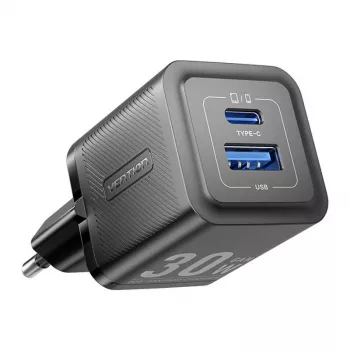 Cargador rápido de pared Vention FEQB0-EU 30W, 1x USB-C, negro — para smartphone, tablet, smartwatch, auriculares