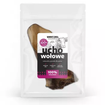 Artículo masticable para perros UNISZKI oreja de ternera mediana — artículo masticable natural individual para perros medianos y adultos, proteína 75,8 %, humedad 14,9 %