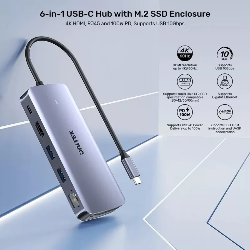 Hub activo UNITEK USB-C 10GBPS, M.2, HDMI, PD 100W