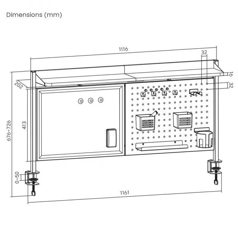 Separador de escritorio ergo office ER-301 W – panel de acero de 1116 mm de ancho con pizarra magnética, blanco, carga máx. 10 kg