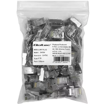 Conector RJ45 modular QOLTEC 54554 CAT5e FTP, 100 uds., plateado, plástico, 11×22×18 mm