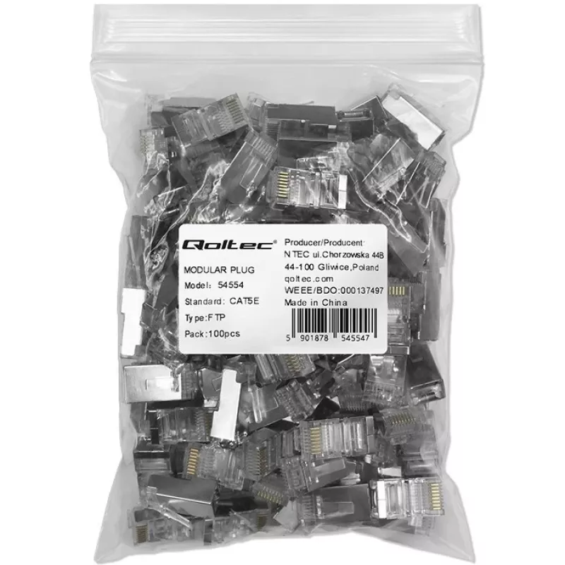 Conector RJ45 modular QOLTEC 54554 CAT5e FTP, 100 uds., plateado, plástico, 11×22×18 mm