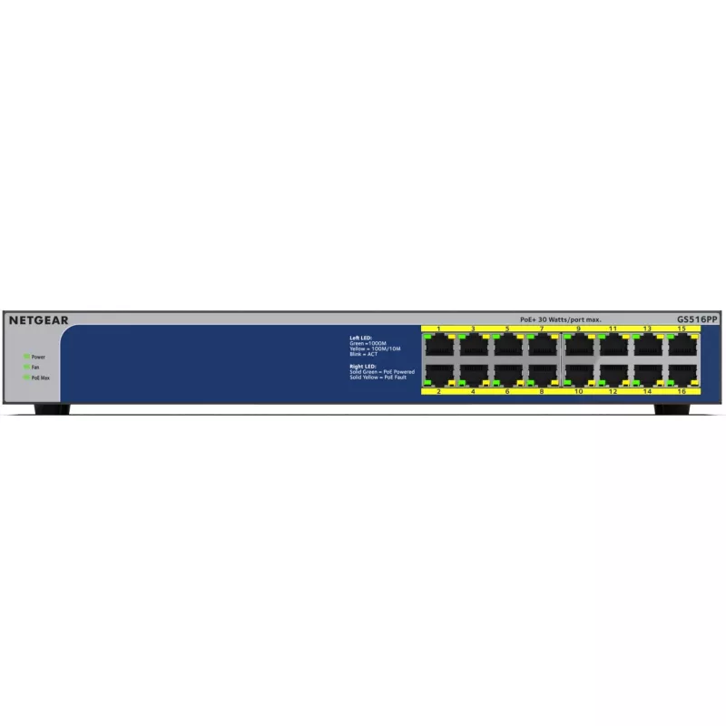 NETGEAR GS516PP Unmanaged Gigabit Ethernet (10/100/1000) Power over Ethernet (PoE) Azul, Gris