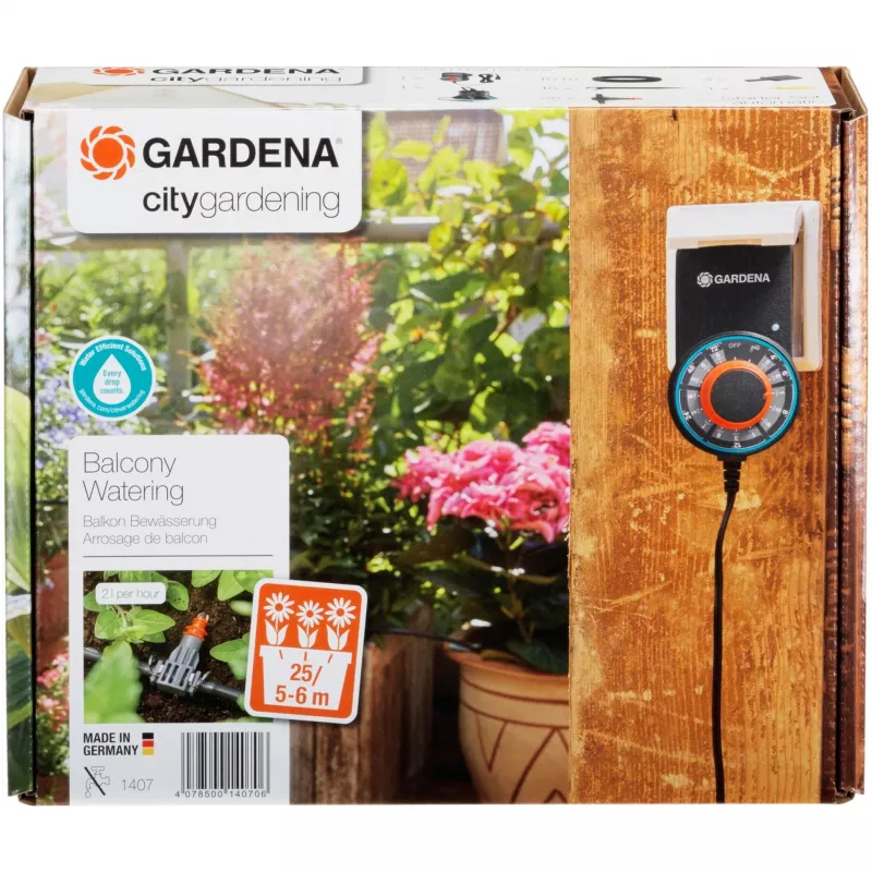 city gardening riego totalmente automático para macetas de balcón 1407-20, control de riego gris/negro, 43 piezas